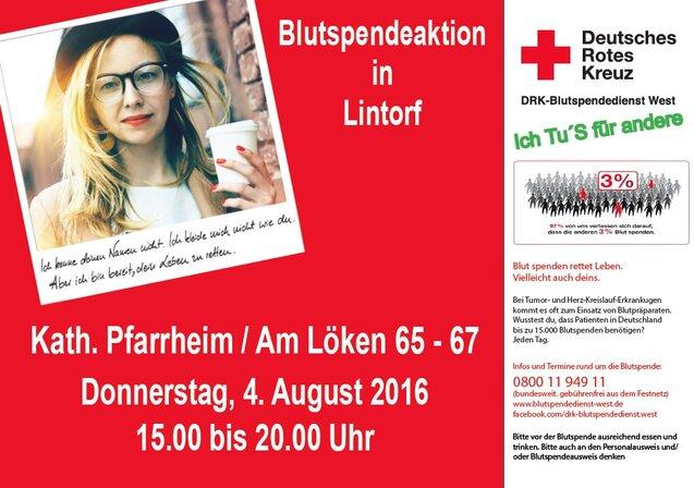 Frau mit Brille und Hut hält ein Smartphone, Werbung für Blutspendeaktion in Lintorf, Datum und Ort angegeben.