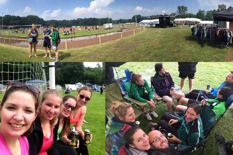 Vielzijdige Ansichten einer Sportveranstaltung: Gruppen von Menschen auf dem Feld und in der Freizeit mit Getr&auml;nken.