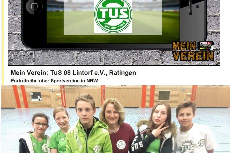 Gruppenfoto mehrerer Mitglieder des Sportvereins TuS 08 Lintorf in einer Sporthalle, alle tragen Vereinskleidung.