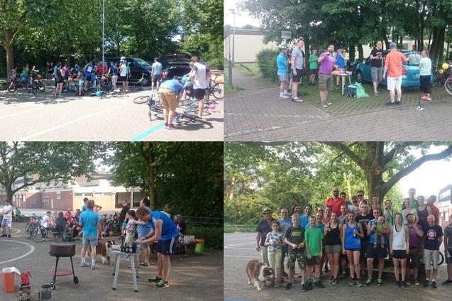 Gruppenaktivit&auml;t im Freien mit Fahrradwerkstatt, BBQ und Teilnehmern, die sich um Tische versammeln.