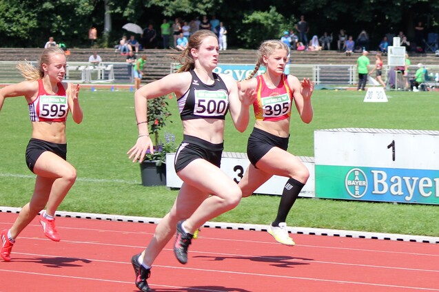 Drei athletische L&auml;uferinnen sprinten auf einer roten Laufbahn w&auml;hrend eines Wettkampfs im Freien.