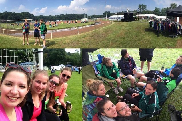 Vielzijdige Ansichten einer Sportveranstaltung: Gruppen von Menschen auf dem Feld und in der Freizeit mit Getr&auml;nken.