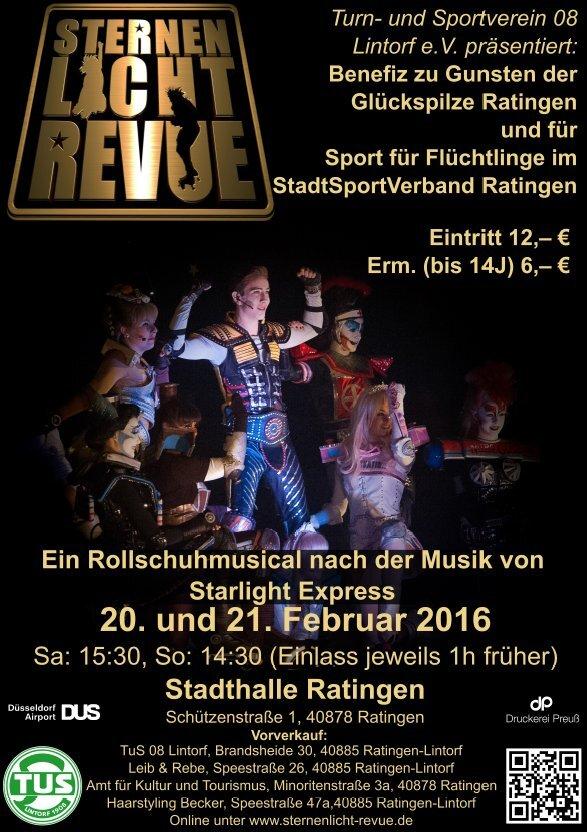 Flyer für die „Sternenlicht Revue“ mit Details zu einem Rollschuhmusical und Benefizveranstaltung in Ratingen.