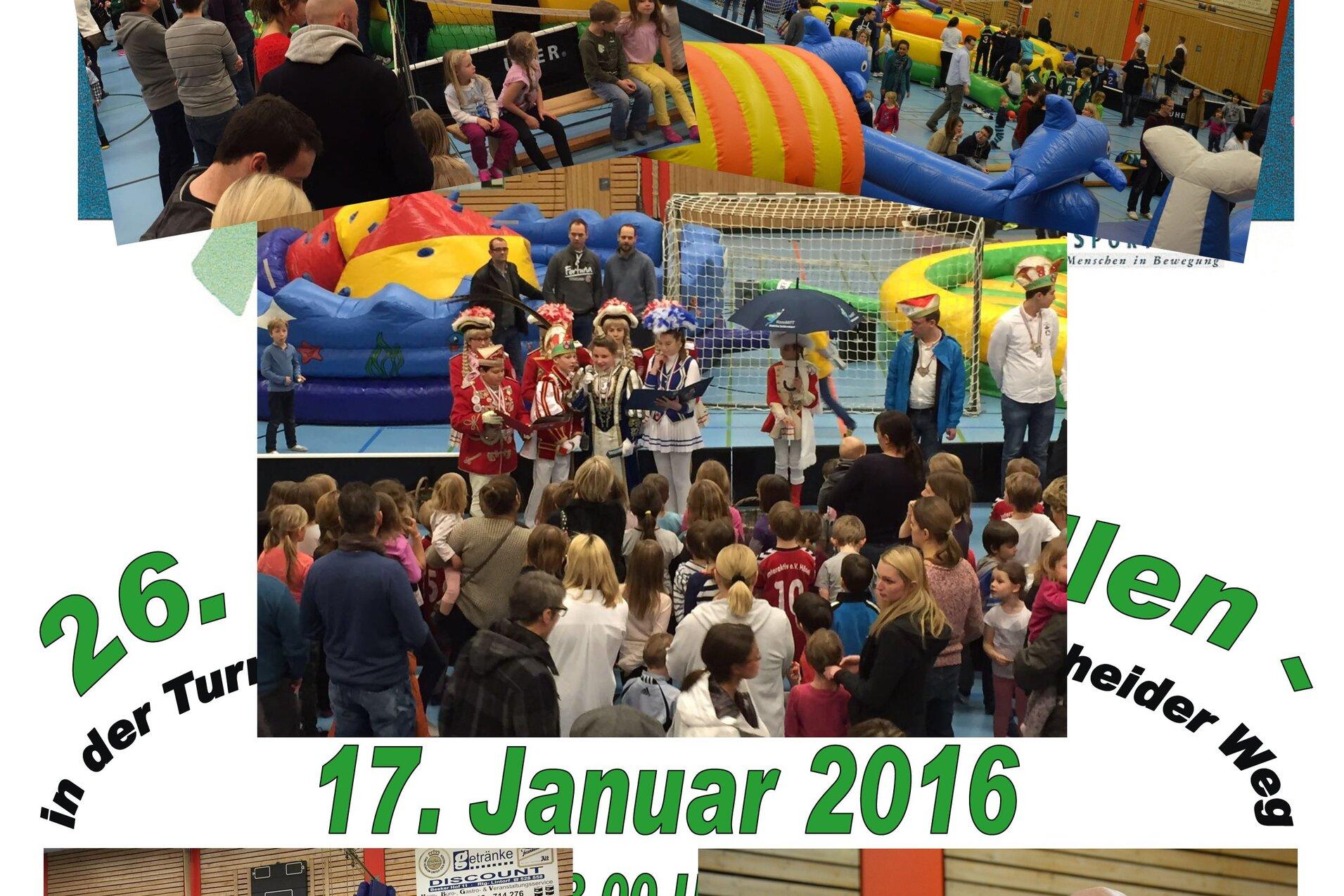Collage des 26. Hallenspielfests mit Aktivitäten, Spielen und Zuschauern in einer Sporthalle am 17. Januar 2016.