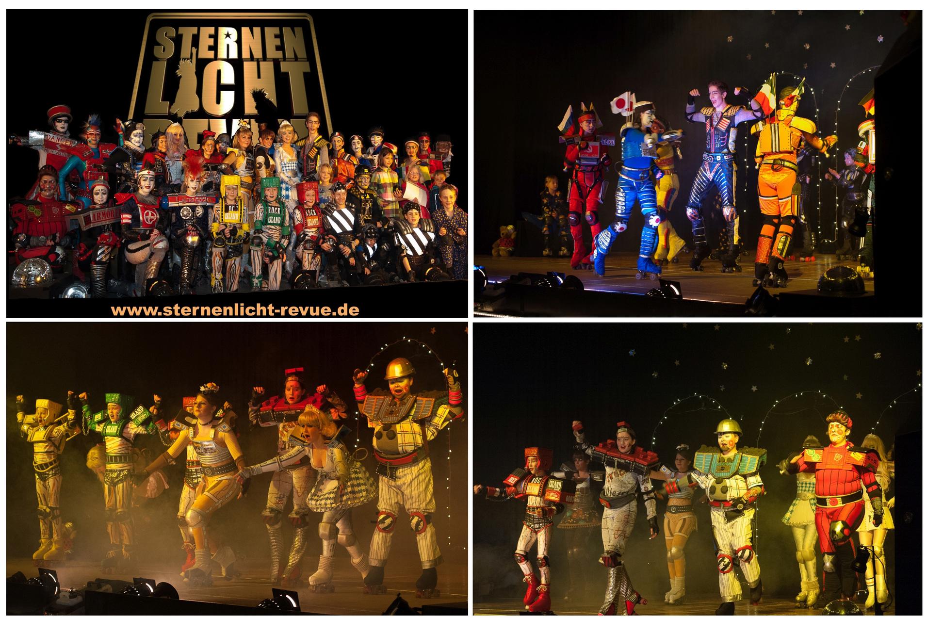 Diverse Tänzer in bunten Kostümen auf Bühne, umgeben von Lichtern und Nebel während einer Performance.