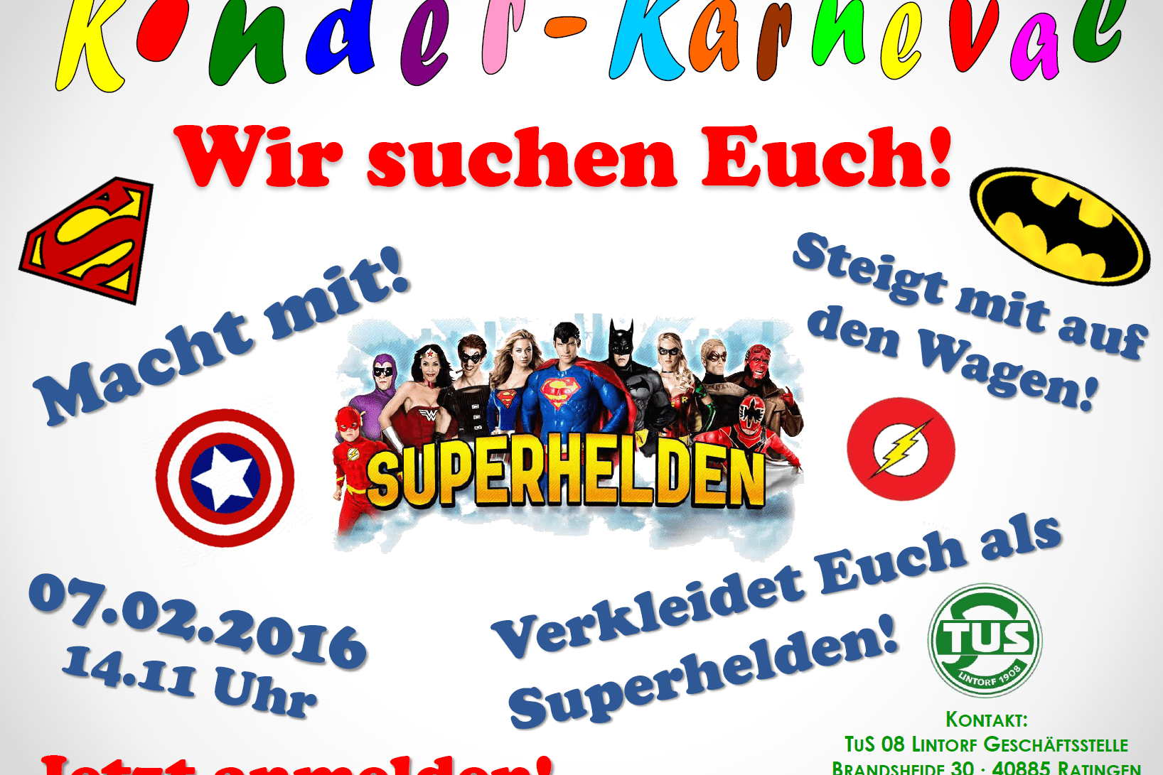 Bunte Einladung zum Kinderkarneval mit Superhelden-Motiven, Veranstaltungsdetails und Kontaktinformationen auf einem Plakat.
