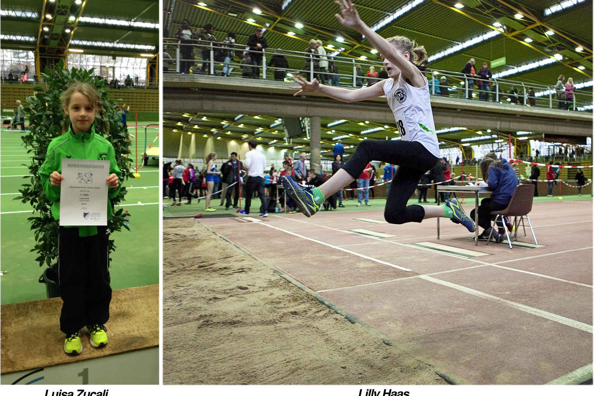 Mädchen in Sportkleidung hält eine Urkunde und steht auf einem Sportfeld; daneben eine Athletin beim Weitsprung.