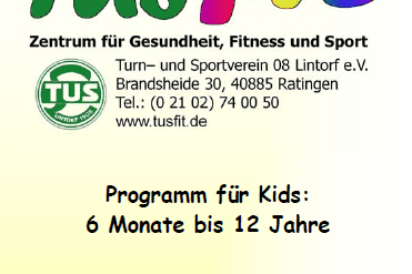 Buntes Plakat f&uuml;r das Programm &bdquo;Kids&ldquo; von TUS Fit, mit einer durchgehenden Linie von Kindern, die H&auml;nde halten.