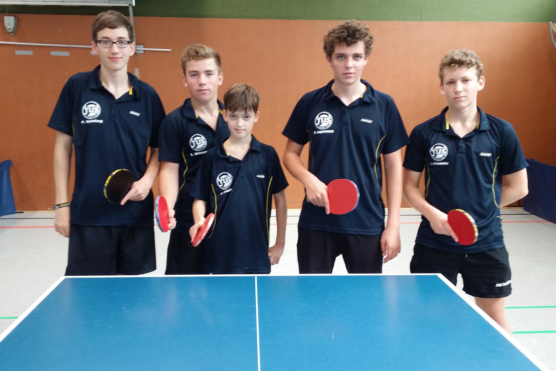 F&uuml;nf Jugendliche in Sportkleidung stehen hinter einem Tischtennistisch und halten Tischtennisschl&auml;ger.