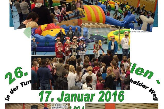 Collage des 26. Hallenspielfests mit Aktivit&auml;ten, Spielen und Zuschauern in einer Sporthalle am 17. Januar 2016.