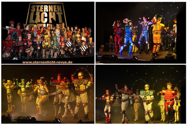 Diverse T&auml;nzer in bunten Kost&uuml;men auf B&uuml;hne, umgeben von Lichtern und Nebel w&auml;hrend einer Performance.