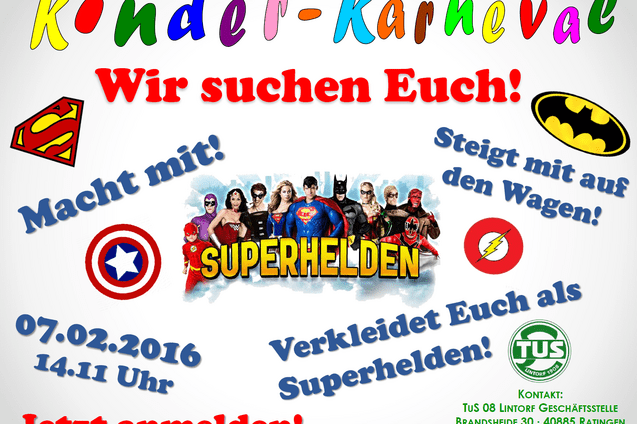 Bunte Einladung zum Kinderkarneval mit Superhelden-Motiven, Veranstaltungsdetails und Kontaktinformationen auf einem Plakat.