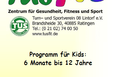 Buntes Plakat f&uuml;r das Programm &bdquo;Kids&ldquo; von TUS Fit, mit einer durchgehenden Linie von Kindern, die H&auml;nde halten.