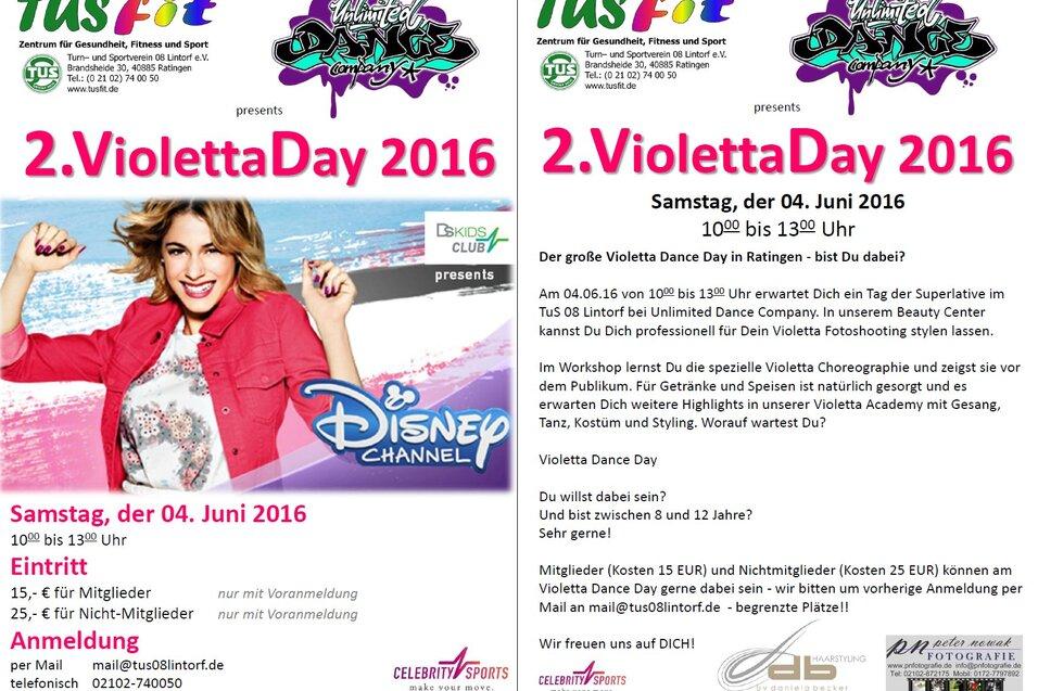 Flyer f&uuml;r den 2. Violetta Day 2016 mit Infos zu Datum, Eintrittspreisen und Aktivit&auml;ten rund um die Disney-Serie.