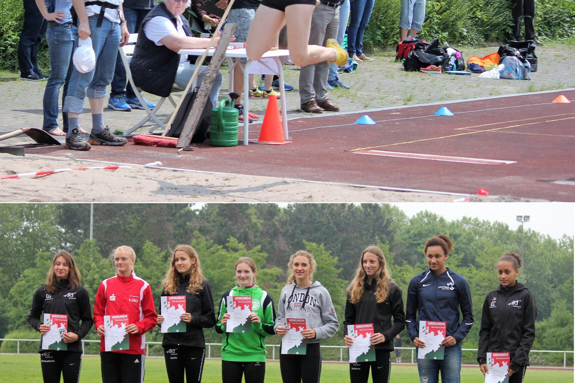 Frauen beim Weitsprung auf einer Laufbahn; darunter Siegertreppchen mit Sportlerinnen und Urkunden in der Hand.