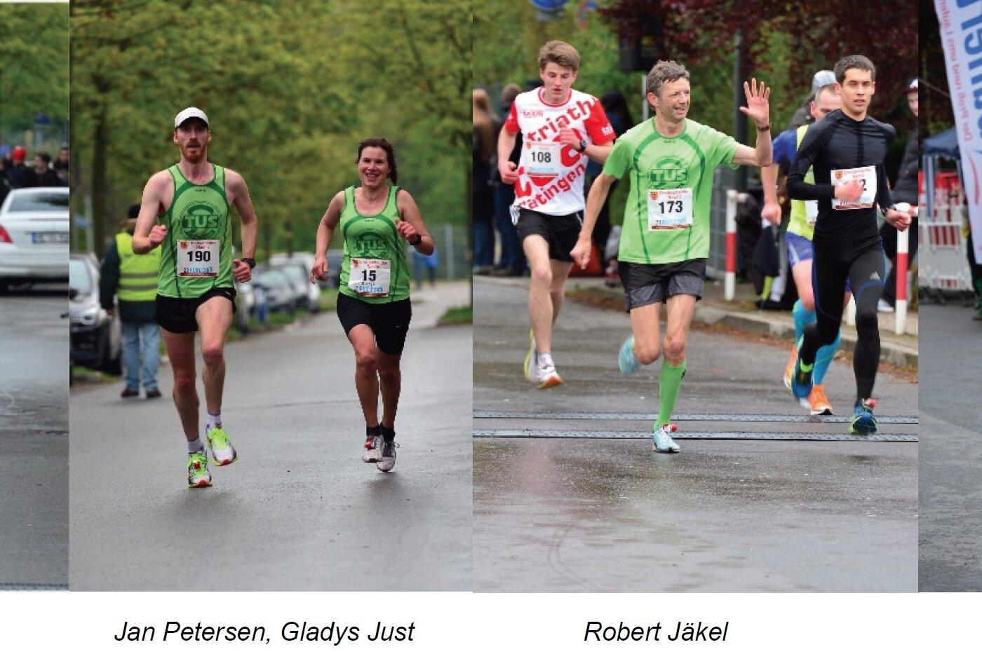 Vier Läufer in grünen Outfits absolvieren einen Wettkampf auf einer Straße, darunter auch eine Frau.