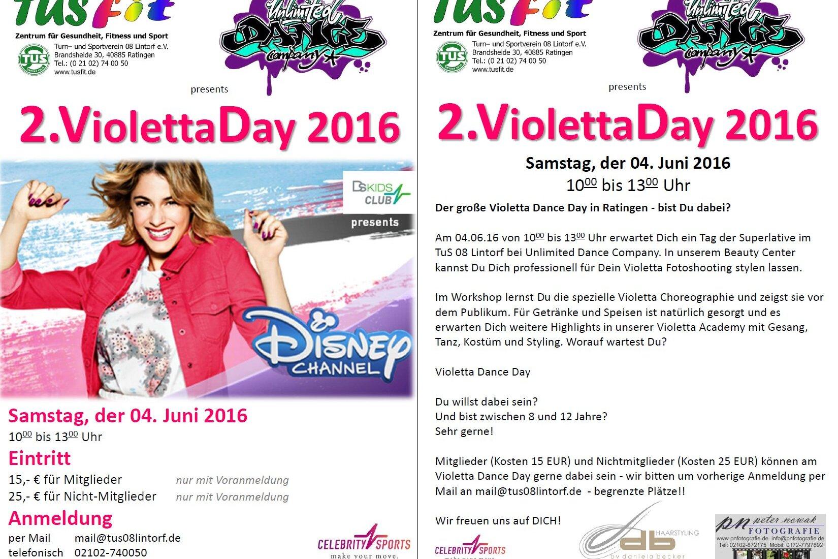 Flyer f&uuml;r den 2. Violetta Day 2016 mit Infos zu Datum, Eintrittspreisen und Aktivit&auml;ten rund um die Disney-Serie.
