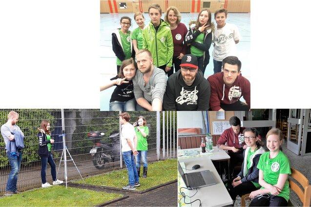 Gruppenfoto von Jugendlichen in Sportkleidung, die gemeinsam in einem Innenraum und im Freien posieren und arbeiten.