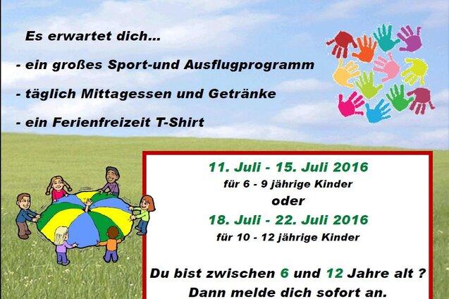Plakat f&uuml;r die Ferienfreizeit 2016 mit Informationen zu Terminen, Aktivit&auml;ten und Altersgruppen, umgeben von bunten Illustrationen.