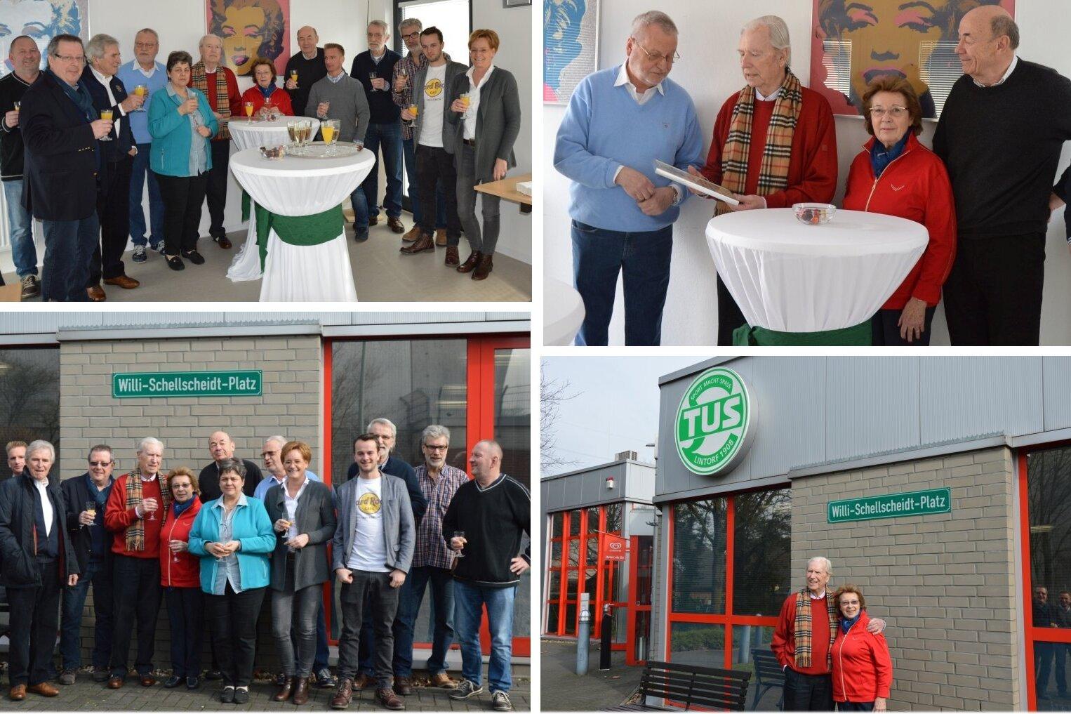 Gruppenfoto von Gästen bei einer Veranstaltung vor dem Schild „Willi-Schmiedt-Platz“ und einem Gebäude mit „TUS“-Logo.
