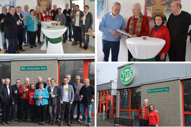 Gruppenfoto von G&auml;sten bei einer Veranstaltung vor dem Schild &bdquo;Willi-Schmiedt-Platz&ldquo; und einem Geb&auml;ude mit &bdquo;TUS&ldquo;-Logo.