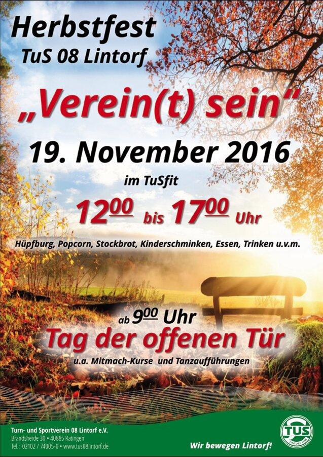 Plakat für das Herbstfest des TuS 08 Lintorf mit Veranstaltungshinweisen und herbstlichen Farben.