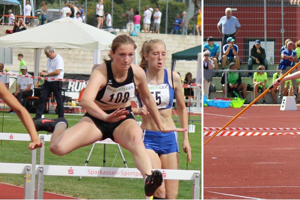 Zwei Athletinnen beim Wettkampf: Eine &uuml;berquert H&uuml;rden, die andere wirft einen Speer auf einem Sportplatz.