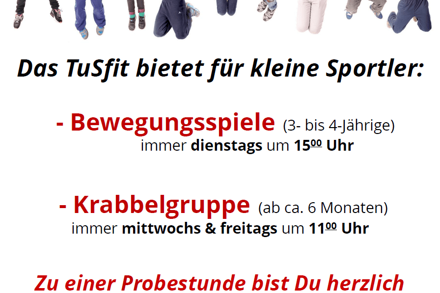 F&uuml;nf fr&ouml;hliche Kinder springen vor einem bunten Hintergrund; Text &uuml;ber Bewegungsangebote im TuSfitzentrum.