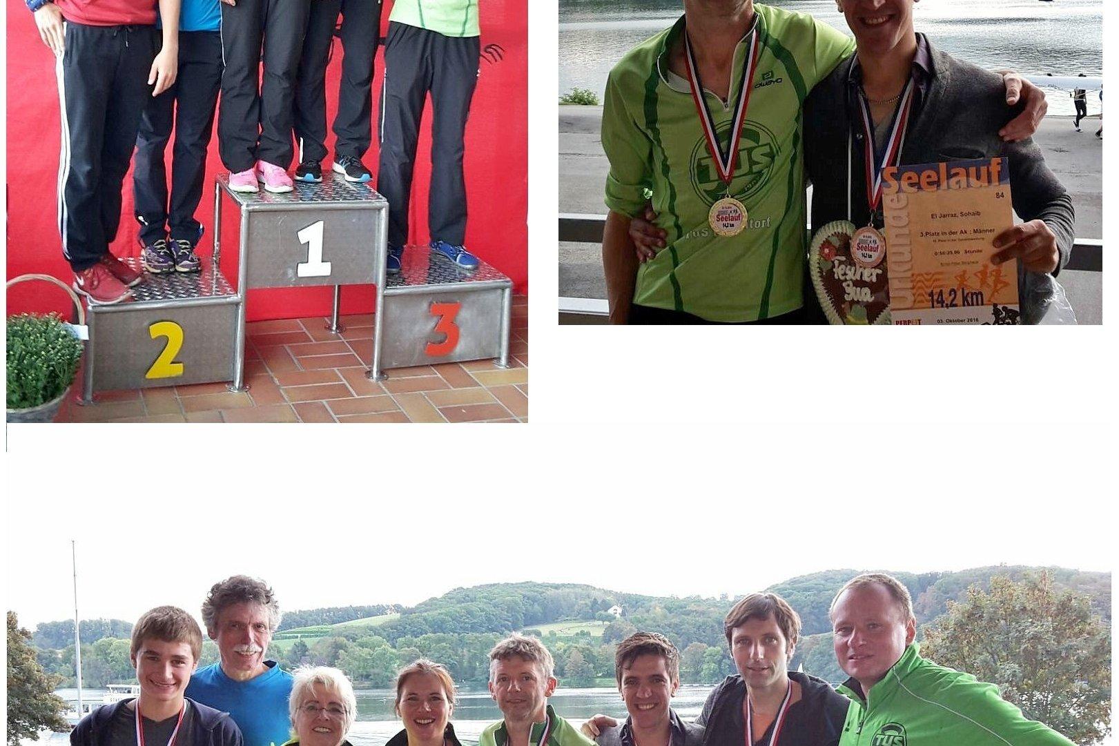 Drei Gruppenbilder von L&auml;ufern, die Medaillen tragen und ihre Erfolge bei einem Sportevent feiern.