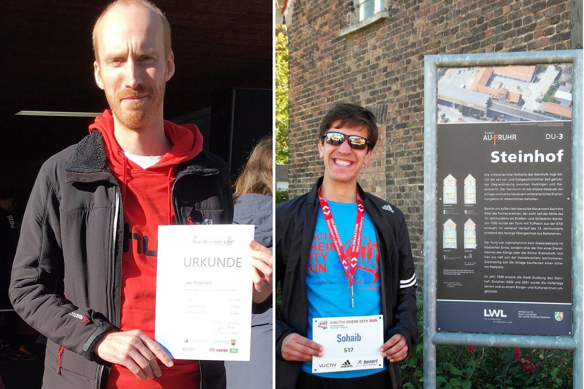Zwei Männer halten Urkunden, einer steht vor einer Tafel mit Informationen über den Steinhof.