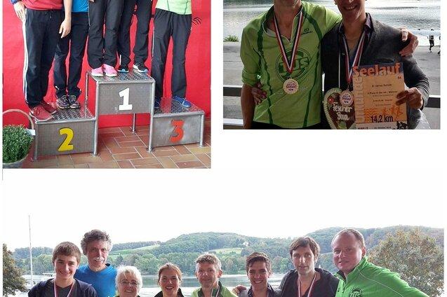 Drei Gruppenbilder von L&auml;ufern, die Medaillen tragen und ihre Erfolge bei einem Sportevent feiern.