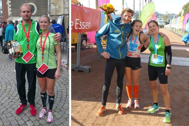 Zwei Gruppen von L&auml;ufern posieren nach einem Wettkampf, einer mit Medaille, die andere mit Pokal und Urkunden.
