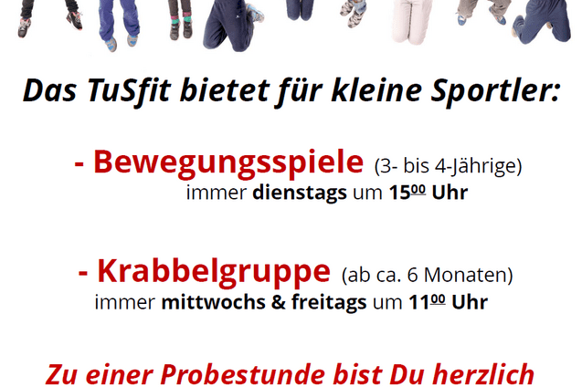 F&uuml;nf fr&ouml;hliche Kinder springen vor einem bunten Hintergrund; Text &uuml;ber Bewegungsangebote im TuSfitzentrum.