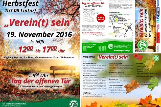Brosch&uuml;re zum Herbstfest des TuS 08 Lintorf mit Programm und Veranstaltungsdetails. Datum: 19. November 2016.