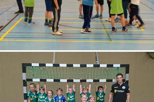 Gruppentraining von Kindern im Hallenhandball, mit Trainer und Tor im Hintergrund, sowie Teamfoto vor dem Tor.