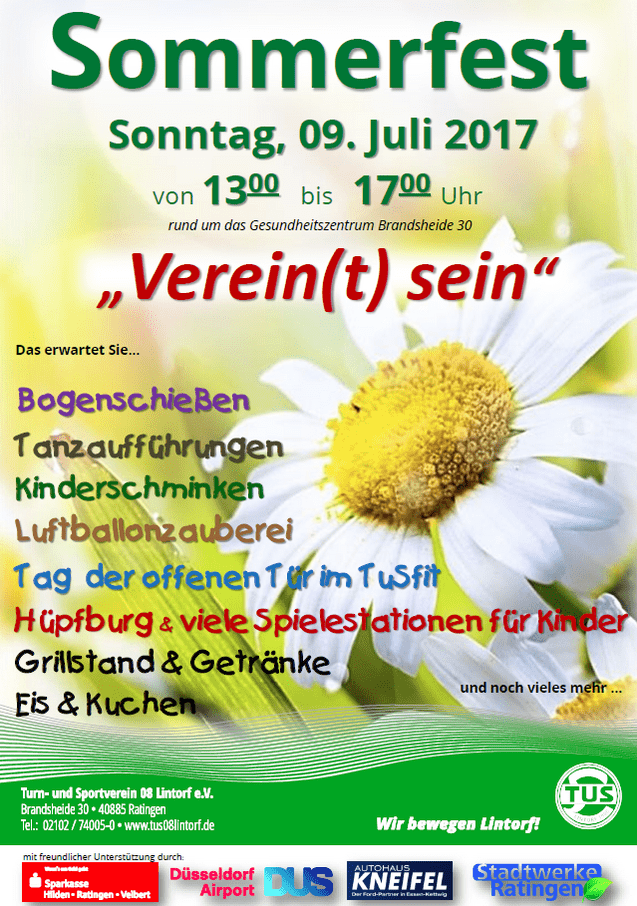 Plakat für das Sommerfest mit Datum, Aktivitäten wie Bogenschießen und Kinderschminken sowie einem Blumenmotiv im Hintergrund.