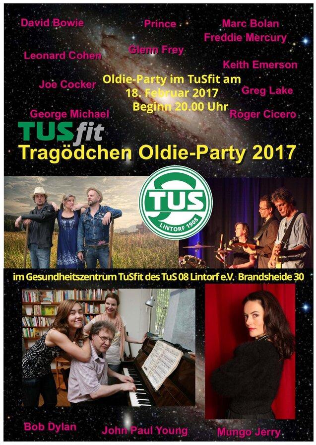 Werbung für eine Oldie-Party mit Künstlernamen und einem Logo, unterteilt in zwei Bildbereiche mit Künstlern und Informationen.