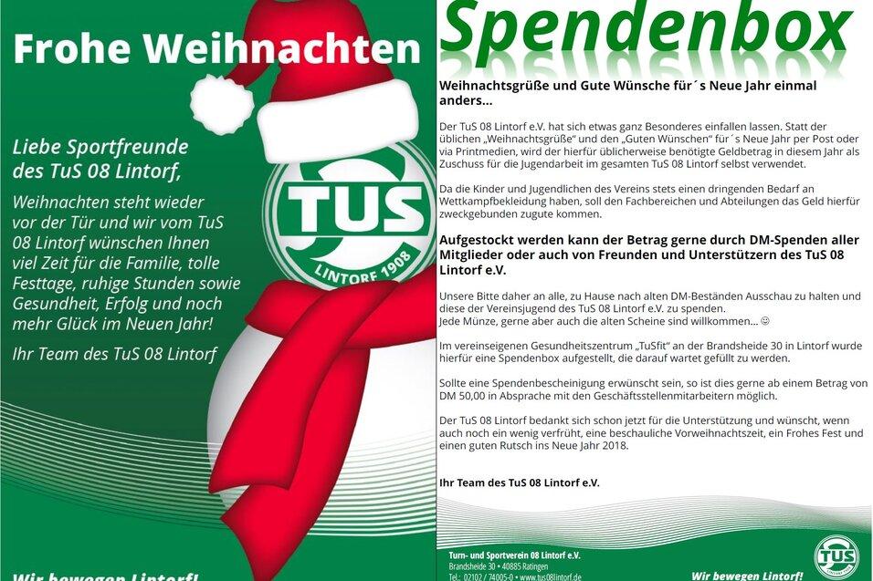Faltblatt mit Weihnachtsgr&uuml;&szlig;en und Informationen zur Spendenbox des TuS 08 Lintorf, dekoriert mit Weihnachtsmotiven.