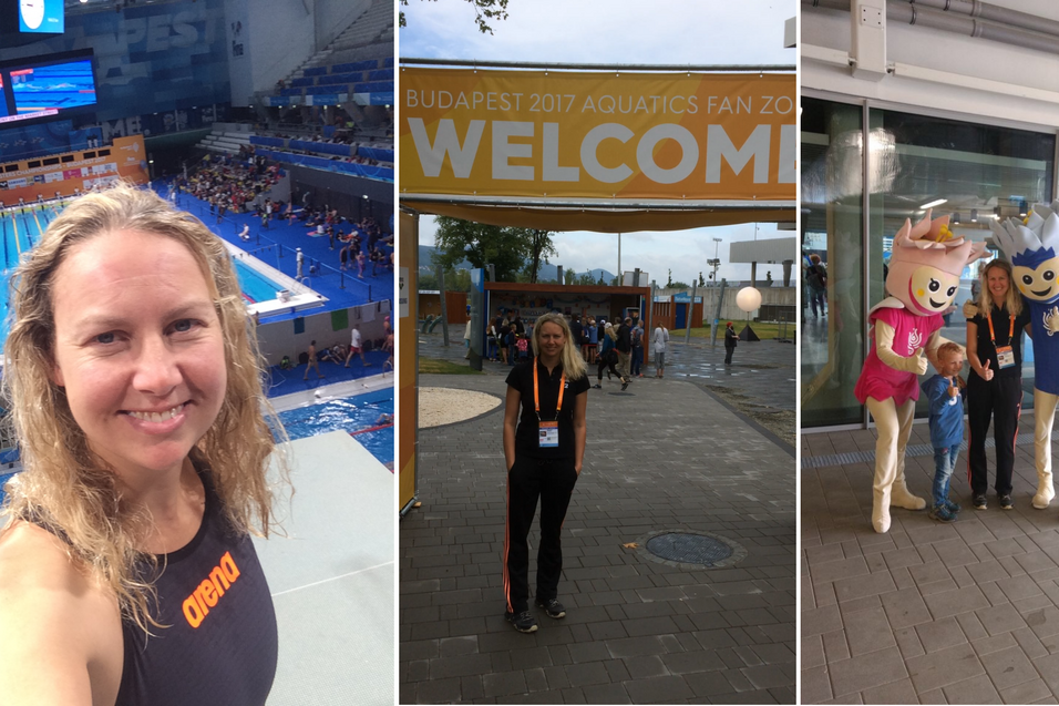 Kollage aus drei Bildern: Schwimmerin mit Becken, Willkommensschild der Aquatics Fan Zone und Maskottchen mit G&auml;sten.