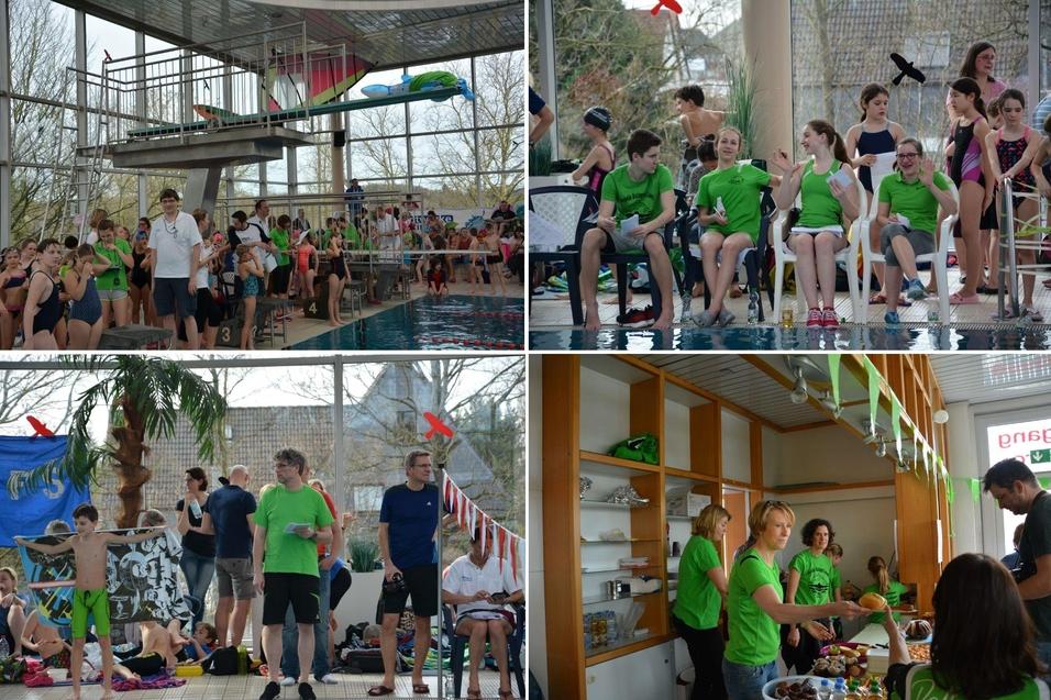 Gruppenszenen von Schwimmern in gr&uuml;nen T-Shirts am Pool mit Zuschauern, Sprungbrett und Snackbereich im Hintergrund.