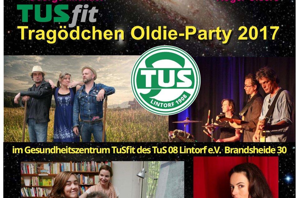 Werbung f&uuml;r eine Oldie-Party mit K&uuml;nstlernamen und einem Logo, unterteilt in zwei Bildbereiche mit K&uuml;nstlern und Informationen.