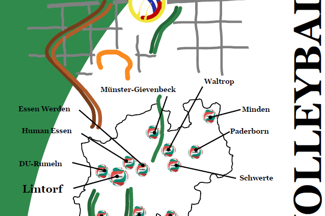 Plakat zur Westdeutschen Volleyballmeisterschaft m&auml;nnlich U12 mit Grafik von St&auml;dten und Termininformationen.