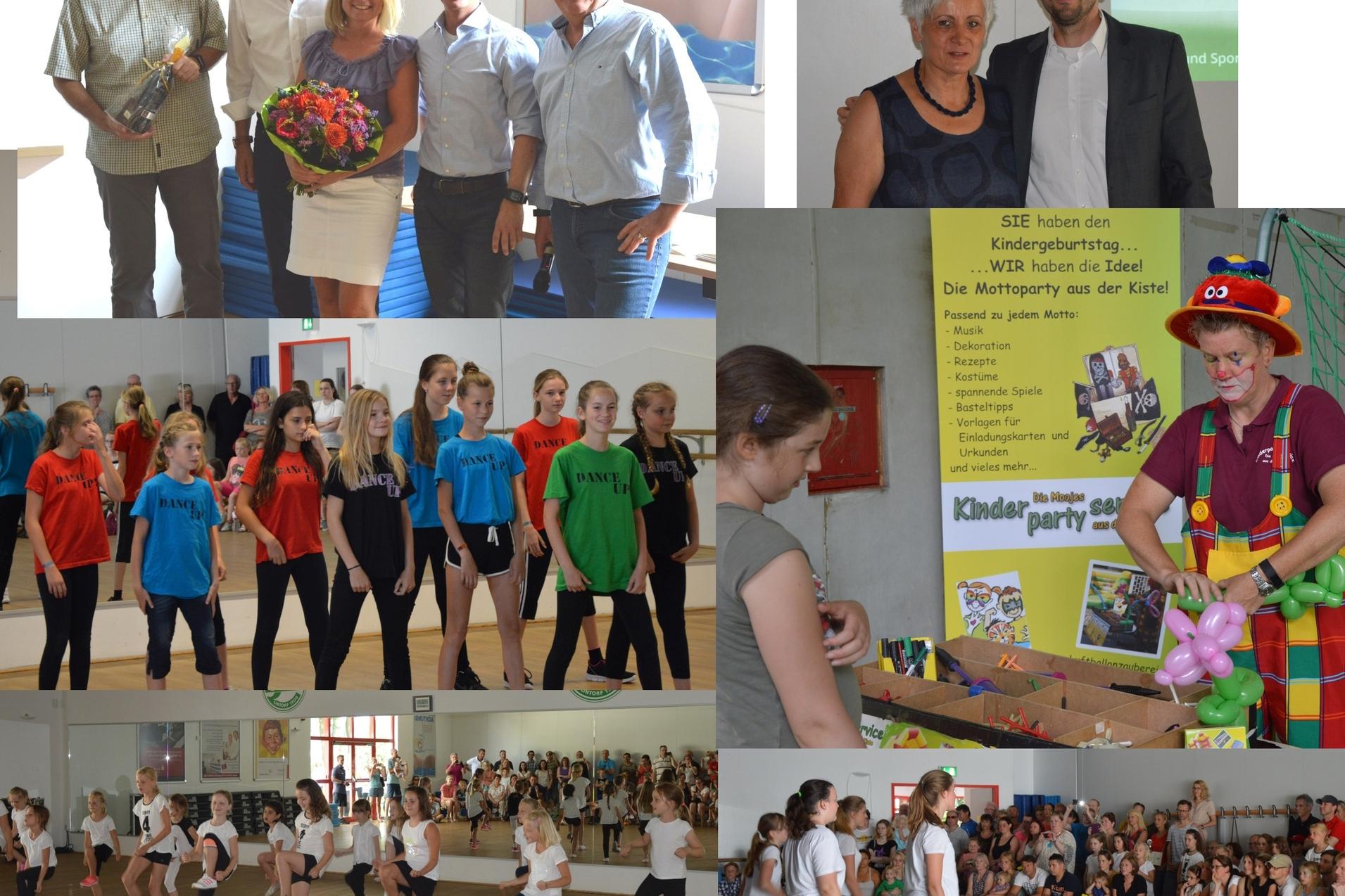 Collage mit Veranstaltungen: Menschen in Zuschauerrängen, Gruppenaktivitäten, Kinderparty und Sportevents.