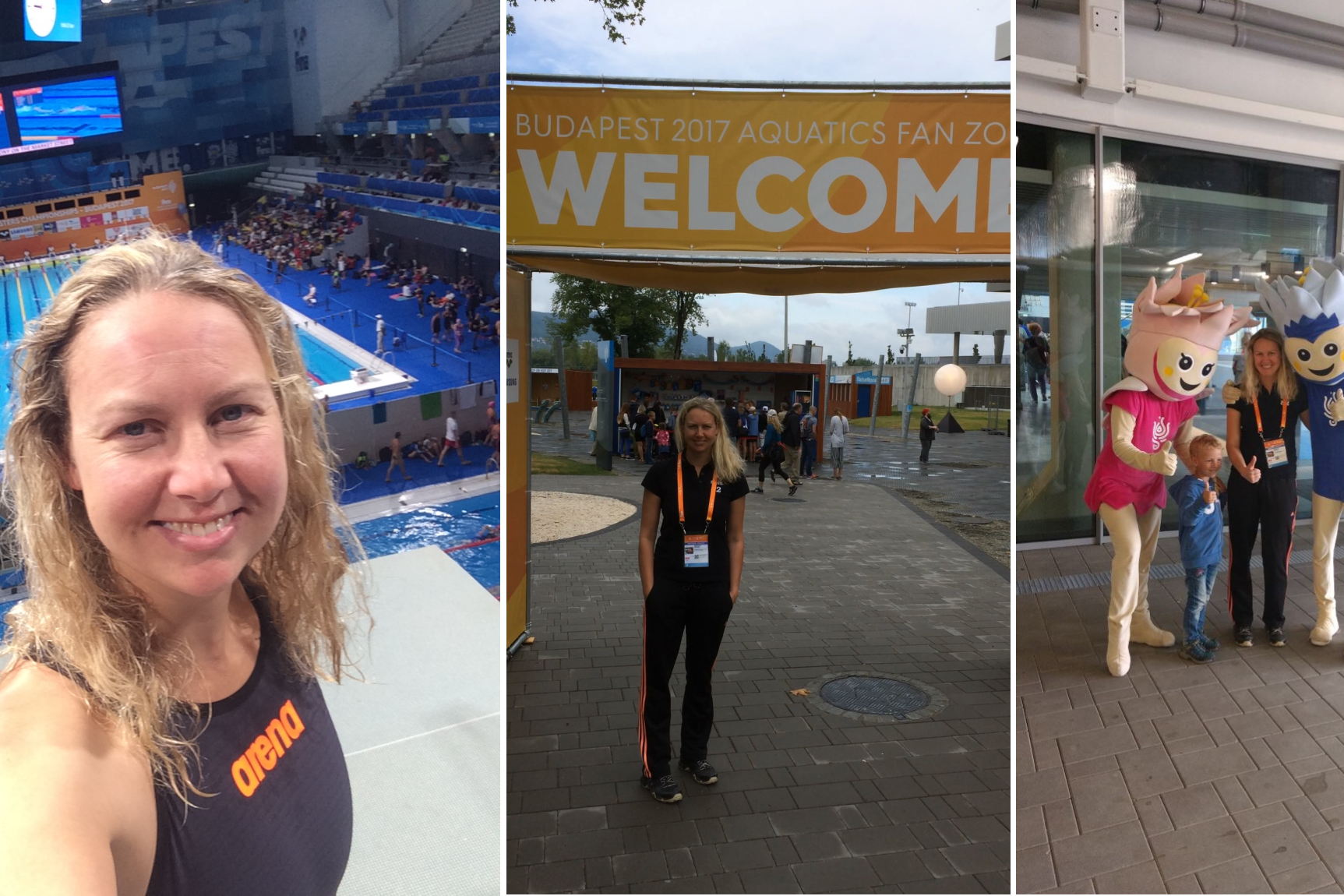 Kollage aus drei Bildern: Schwimmerin mit Becken, Willkommensschild der Aquatics Fan Zone und Maskottchen mit G&auml;sten.