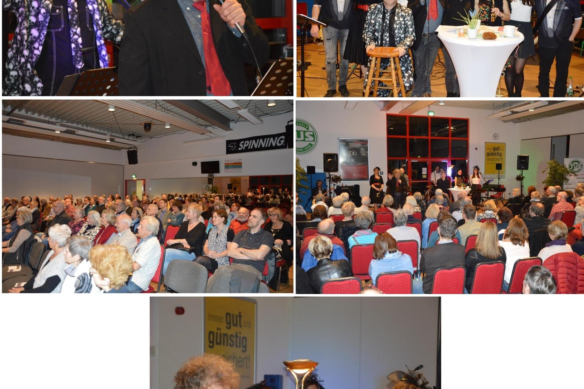 Bildercollage einer Bühnenveranstaltung mit einem Sänger, Band, Publikum und einem Moderatoren am Mikrofon.