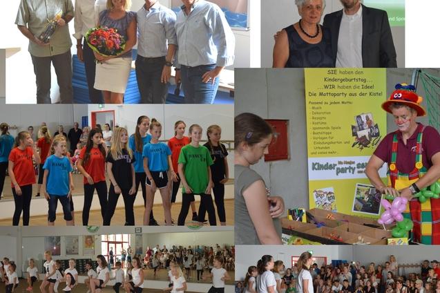 Collage mit Veranstaltungen: Menschen in Zuschauerr&auml;ngen, Gruppenaktivit&auml;ten, Kinderparty und Sportevents.