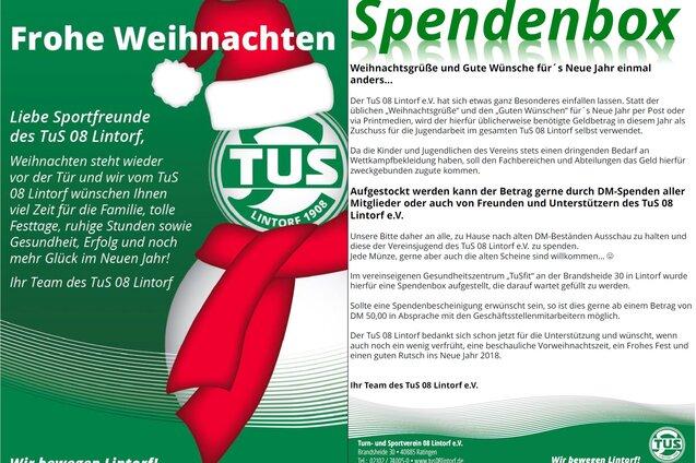 Faltblatt mit Weihnachtsgr&uuml;&szlig;en und Informationen zur Spendenbox des TuS 08 Lintorf, dekoriert mit Weihnachtsmotiven.