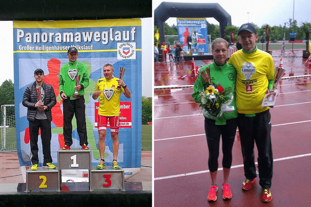 Zwei Fotos von Siegerehrungen beim Panoramaweg-Lauf: Podiumspl&auml;tze mit drei L&auml;ufern und ein Paar mit Blumen.