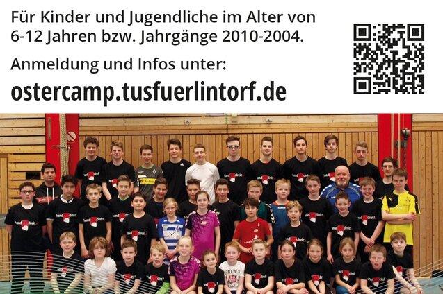 Plakat f&uuml;r das 2. Handball-Ostercamp, 18.-21. April 2017, mit Gruppe von Kindern und Jugendlichen in Sportkleidung.
