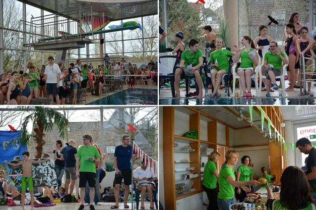 Gruppenszenen von Schwimmern in gr&uuml;nen T-Shirts am Pool mit Zuschauern, Sprungbrett und Snackbereich im Hintergrund.